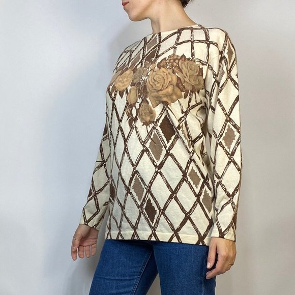 Vintage 80s Wool & ANGORA Sweater with ROSE and Check Pattern! Medium - Picture 4 of 6